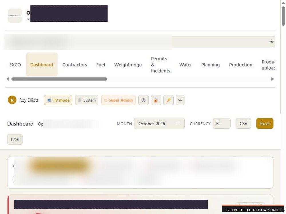 Mine Pulse dashboard header with tabs and controls
