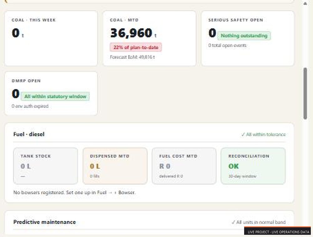 Live Mine Pulse fuel + predictive maintenance operational cards